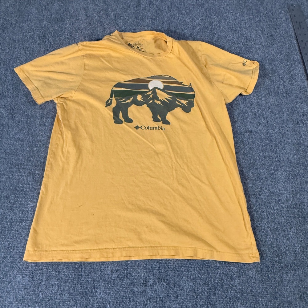 Columbia Mens Graphic T-Shirt Yellow Bison Mountain Scene‎ Cotton Size M 2294